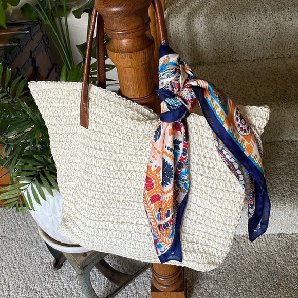 H&M Boho Cream Tote Beach Bag With Silk Floral Scarf - Picture 10 of 16